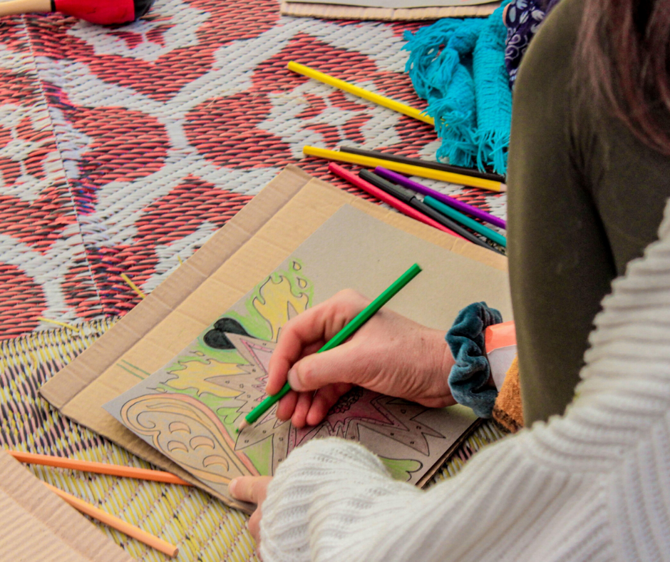 Facilitators leading art yoga online